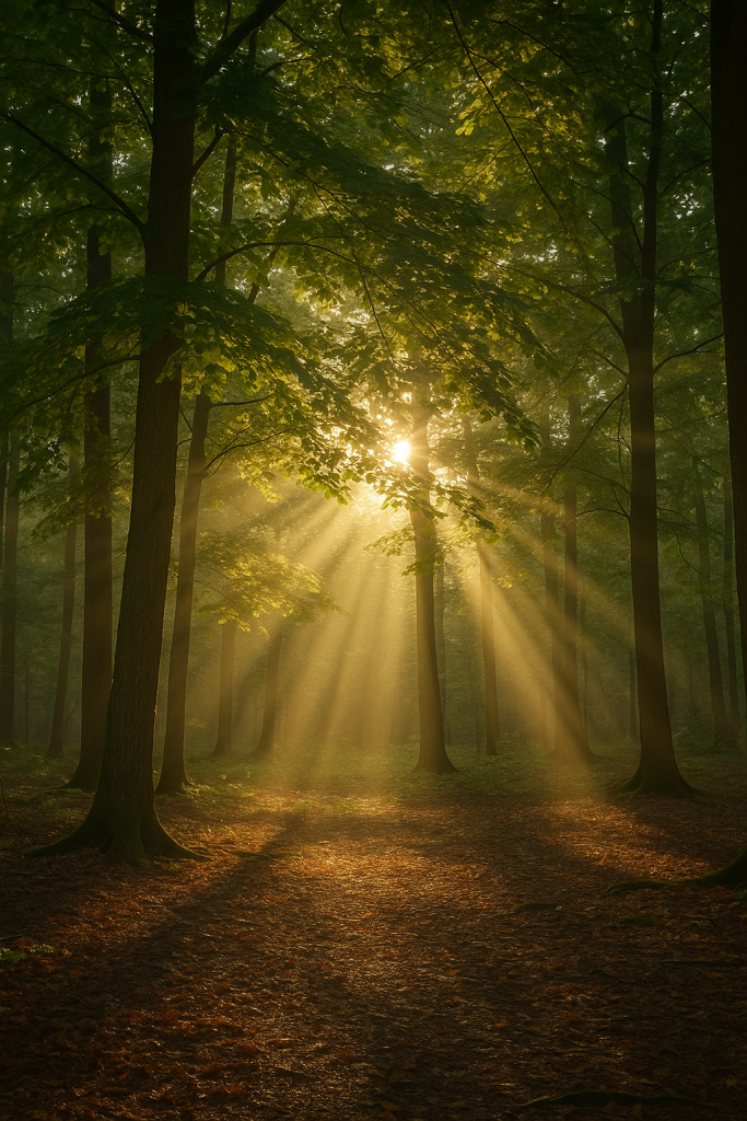 komorebi o luz del sol filtrándose a través de las hojas de los árboles