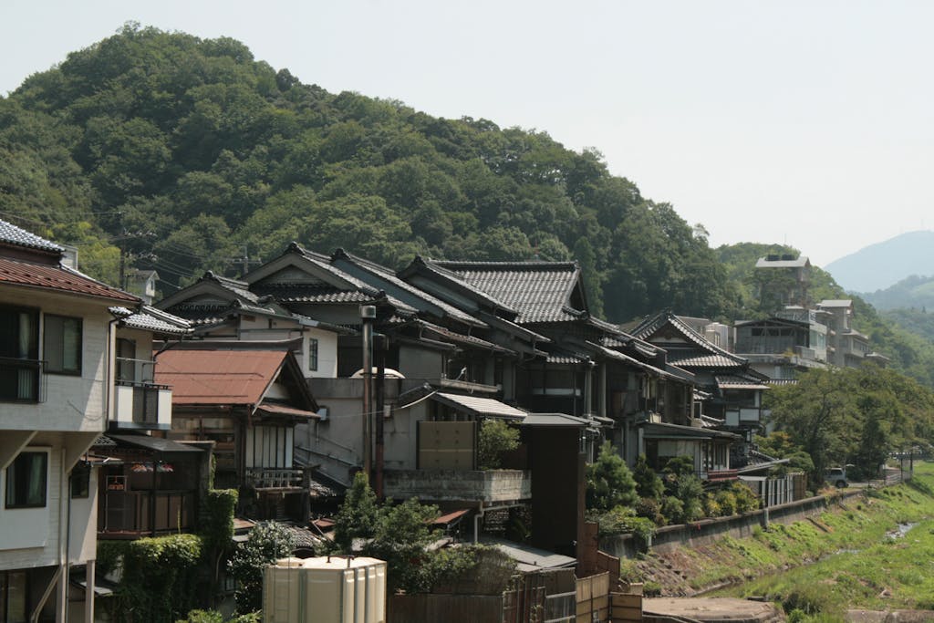 Traditional Japanese houses nestled in a lush green landscape on a summer day.